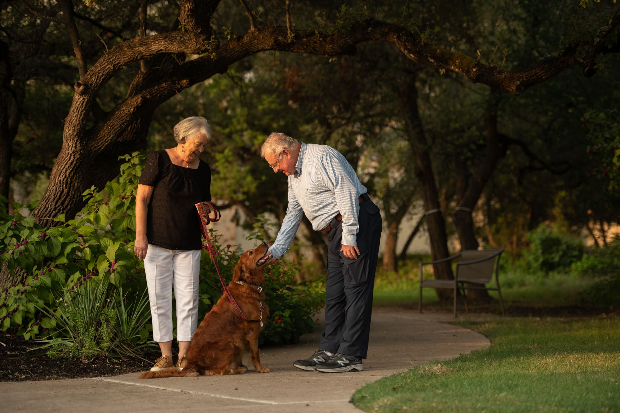 elderly couple petting their dog in our outdoor campus
