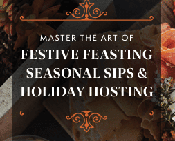 Holiday hosting event graphic with charcuterie and seasonal drinks
