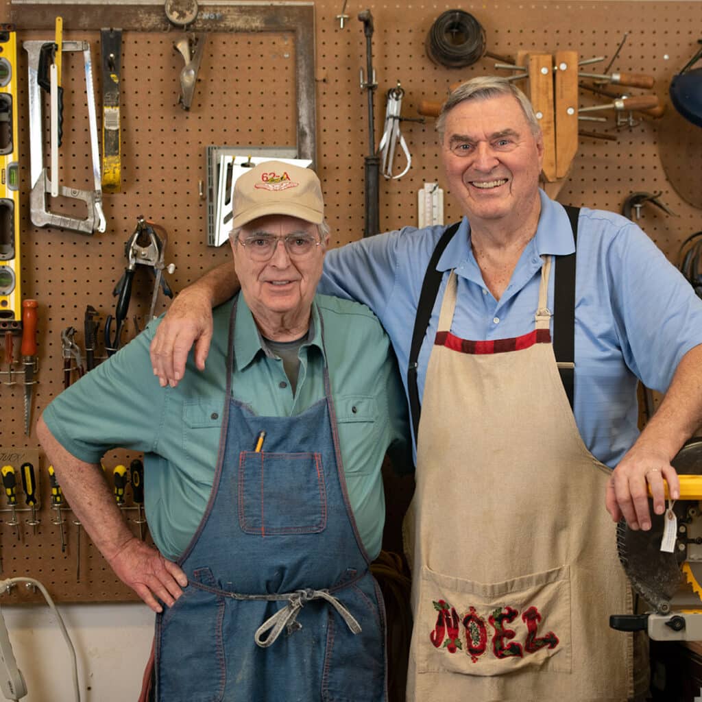 elderly residents in a tool shed