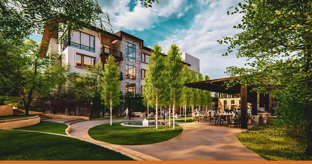 Rendering of Longhorn Village expansion with landscaped courtyard, modern residential building, and outdoor seating area
