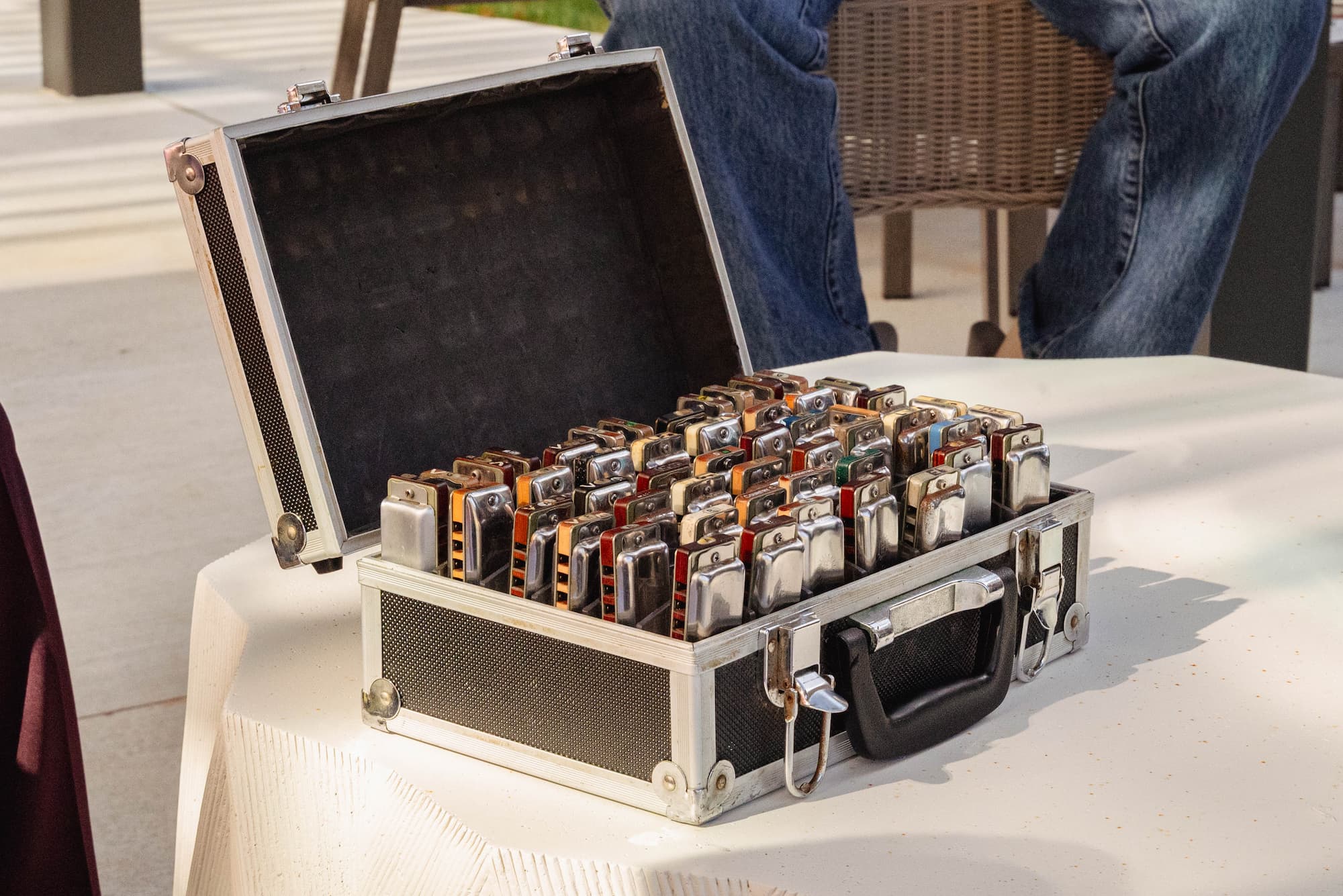a box of harmonics set up a foldable table