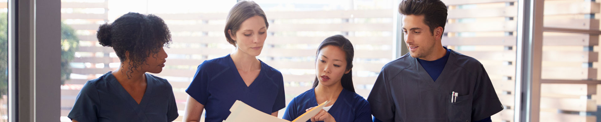 Extended view of skilled nurses looking at files together